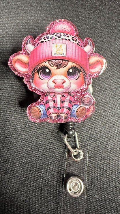 Winter Cow Badge Reel – Cute Pink Beanie ID Holder for Nurses, Teachers & Animal Lovers