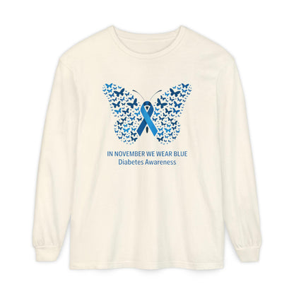 Blue Butterfly Diabetes Awareness Long Sleeve T-Shirt, Unisex Awareness Tee, Gifts for Diabetic Friends, October Diabetes Month, T1D