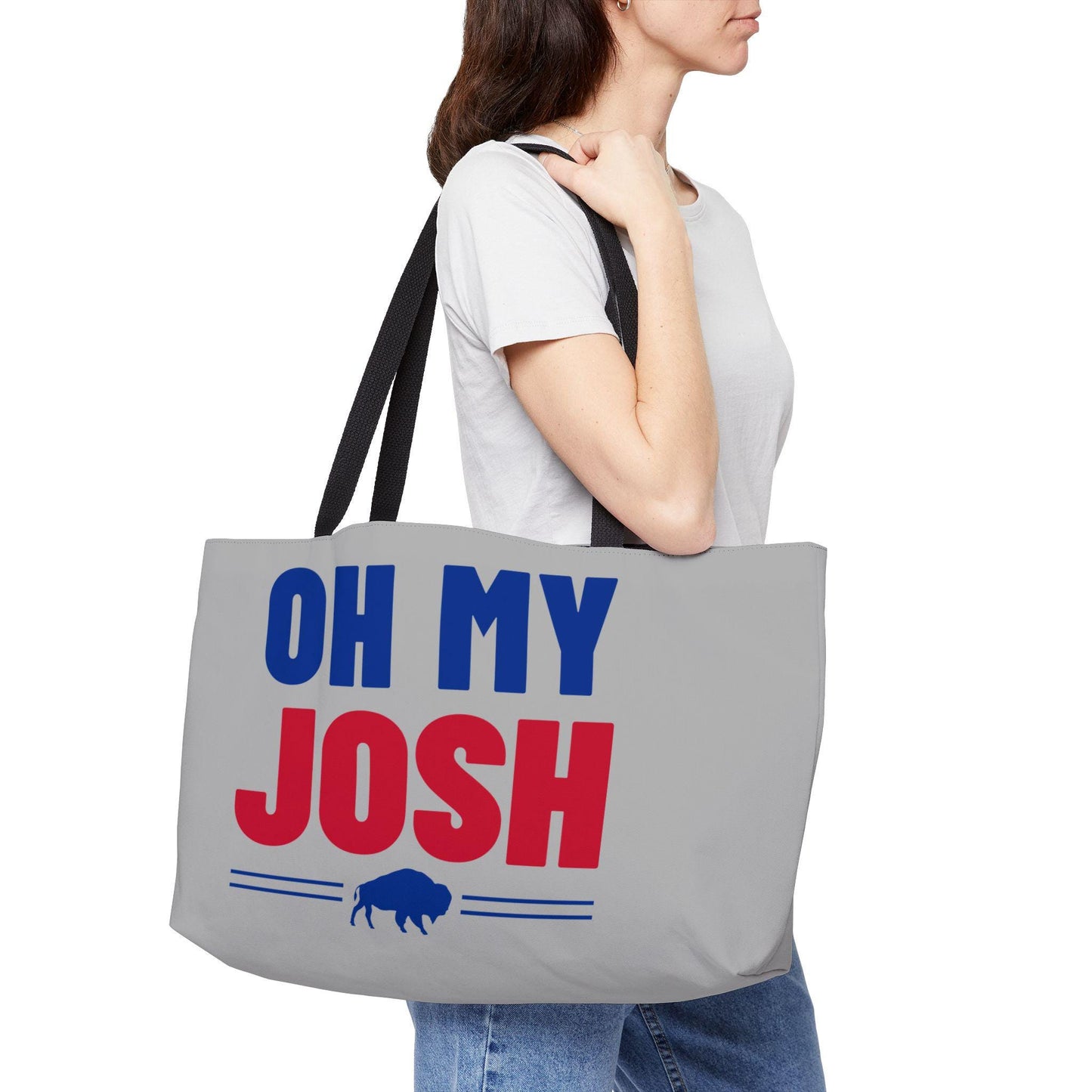 Oh My Josh Tote Bag | Buffalo Graphic, Bold Red & Blue Text