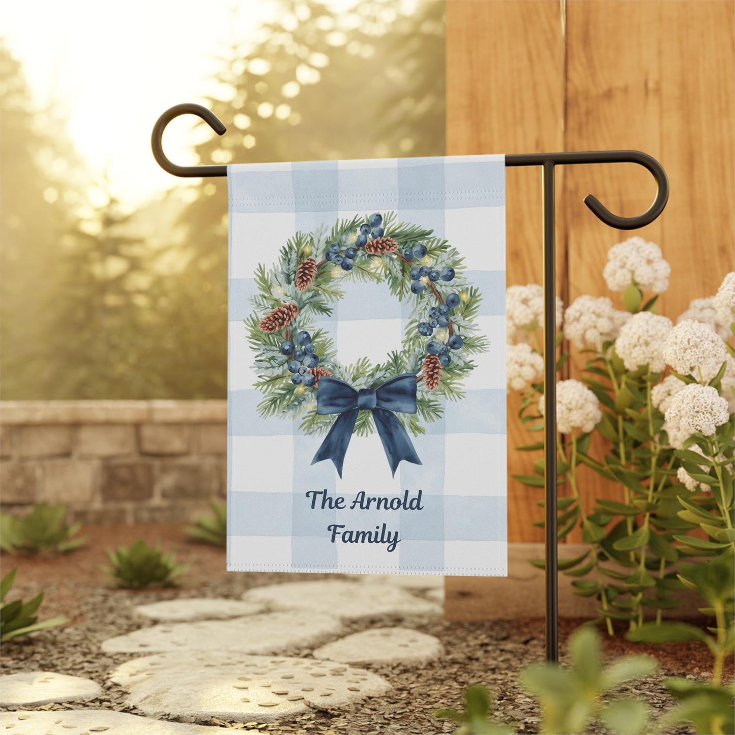 Personalized Garden Banner, Housewarming Gift, Seasonal Decor, Custom Family Sign, Wreath Design, Outdoor Decorations