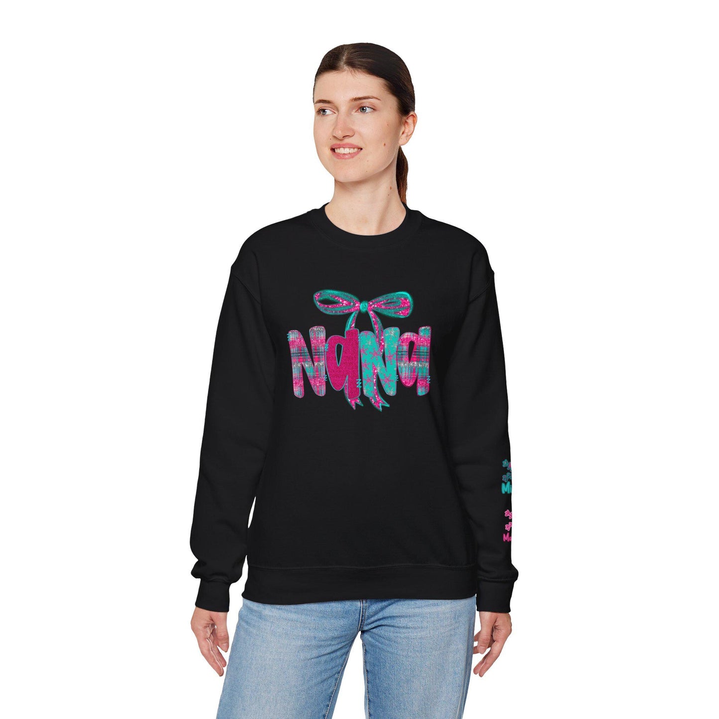 Custom Bow Sweatshirt for Nana's, Cozy Crewneck, Mother's Day Gift, Birthday Present, Casual Wear, snowflake kid names