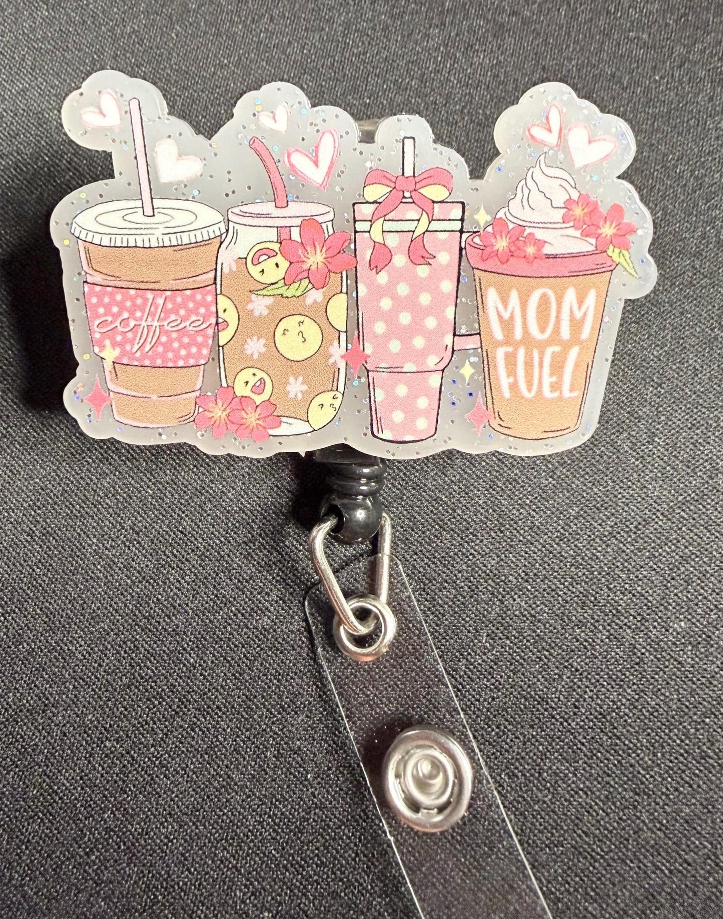 Mom Fuel Badge Reel – Colorful Coffee Cup ID Holder for Nurses, Teachers and Busy Moms