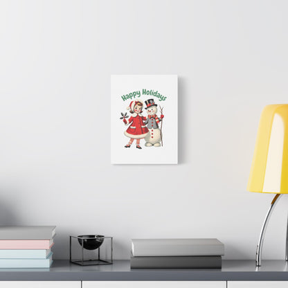 Retro Christmas Canvas Art: Girl and Snowman Holiday Wall Decor