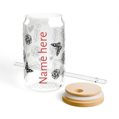 Butterfly, heart and Floral Sipper Glass, Personalized Drinkware, Birthday Gift, Garden Party Favor, Summer Drinks, Stylish Hydration