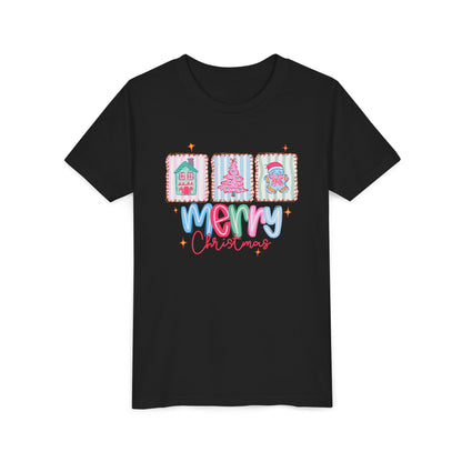 Merry Christmas Youth Tee, Holiday Shirt for Kids, Cute Christmas Apparel, Gifts for Children, Kids Short Sleeve Christmas Tee