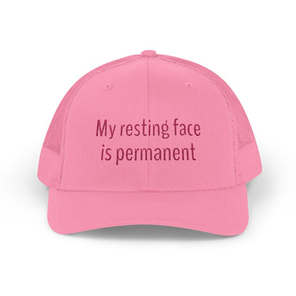 My resting face is permanent Snapback Trucker Cap - Fun Quote, Gift for Friends, Casual Wear, Summer Accessory, Sassy Statement Hat