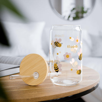 Cute Bee Sipper Glass, 16oz - Summer Drinkware, Eco-Friendly Glass Cup, Travel Mug, Bee-Themed Gift, Perfect for Picnics