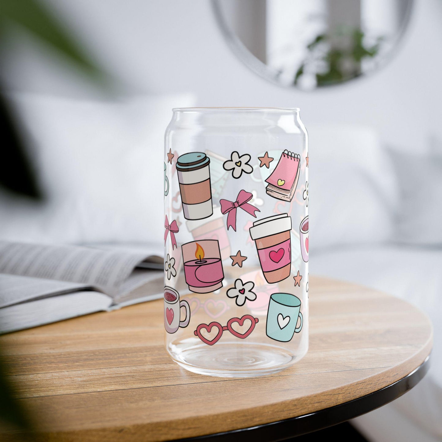Cute Coffee and Sipper Glass, 16oz - Fun Drinkware, Stylish Straw Glass, Gift for Coffee Lovers, Cute Kitchen Decor, Valentine's Day Gifts