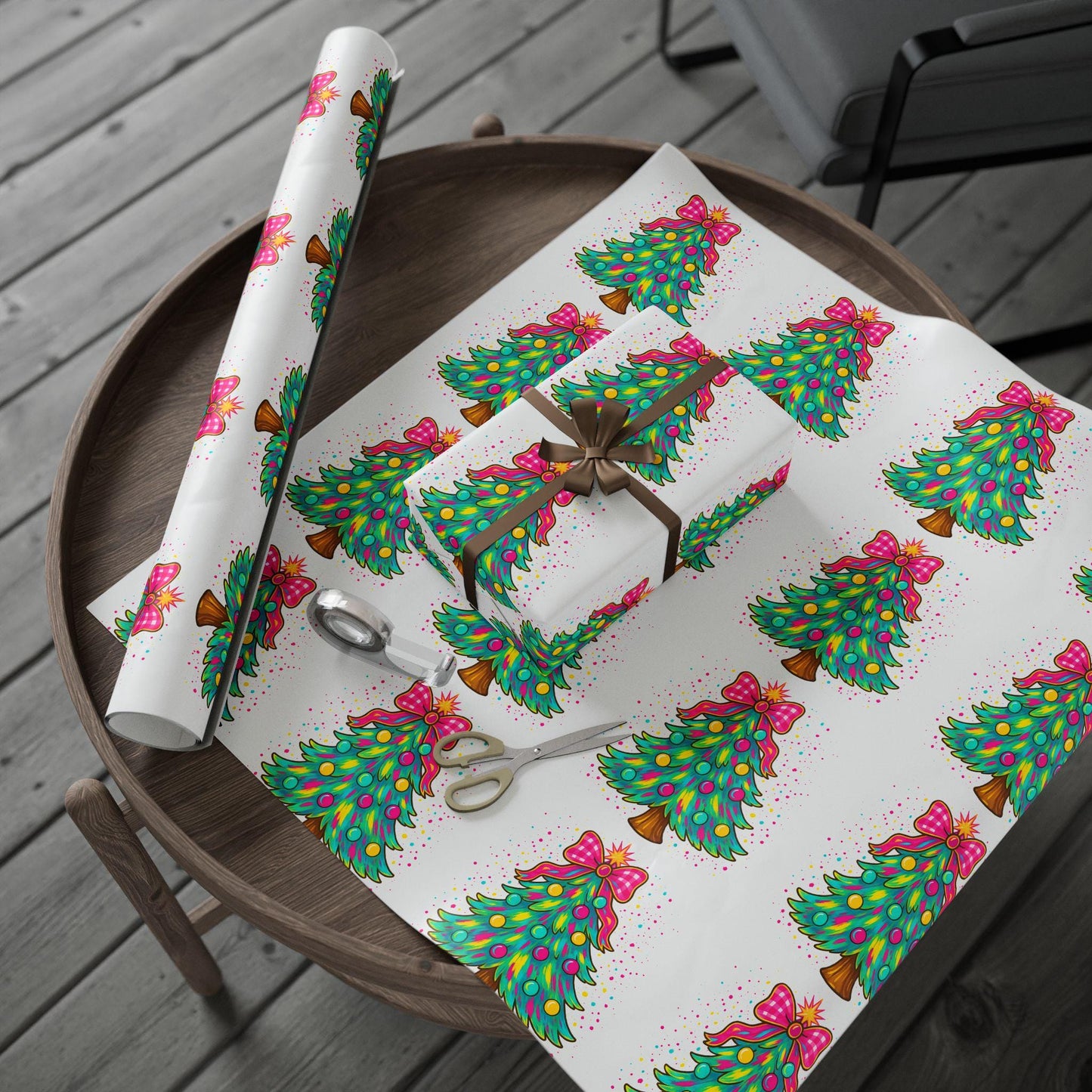 Christmas Wrapping Paper Roll - Colorful Tree and Bow Designs, Holiday Gift Wrap, Festive Paper, Unique Christmas Decor