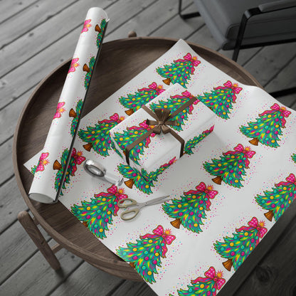 Christmas Wrapping Paper Roll - Colorful Tree and Bow Designs, Holiday Gift Wrap, Festive Paper, Unique Christmas Decor