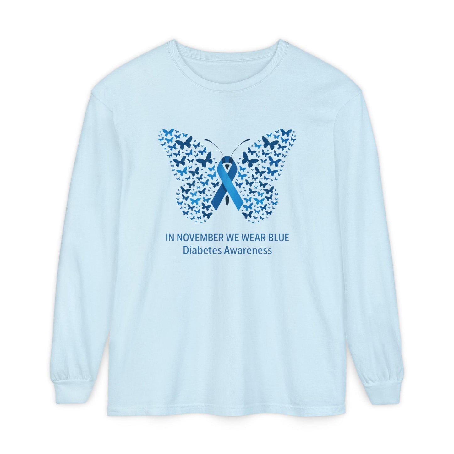 Blue Butterfly Diabetes Awareness Long Sleeve T-Shirt, Unisex Awareness Tee, Gifts for Diabetic Friends, October Diabetes Month, T1D