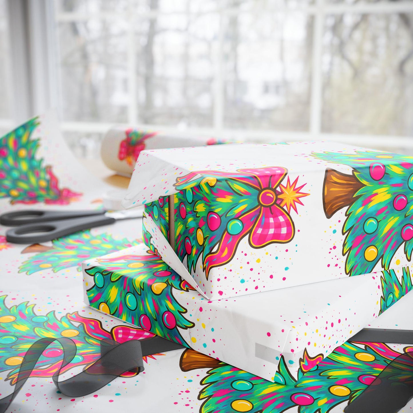 Christmas Wrapping Paper Roll - Colorful Tree and Bow Designs, Holiday Gift Wrap, Festive Paper, Unique Christmas Decor