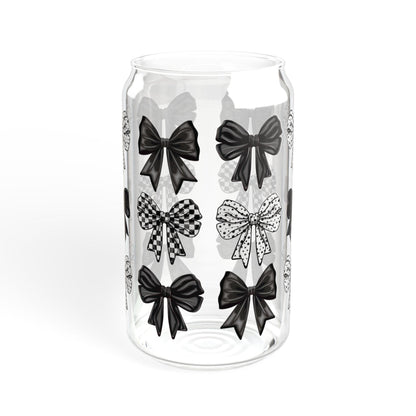Black Coquette Bow Sipper Glass, 16oz, Minimalist, Christmas Gift, Birthday Gift, Black and White cup with lid