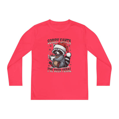 Youth Long Sleeve Holiday Tee - Cute Santa Raccoon, Christmas Gift, Festive Apparel, Youth T-Shirt, Cartoon Design