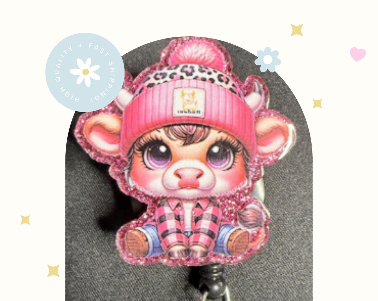 Winter Cow Badge Reel – Cute Pink Beanie ID Holder for Nurses, Teachers & Animal Lovers