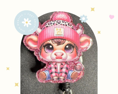 Winter Cow Badge Reel – Cute Pink Beanie ID Holder for Nurses, Teachers & Animal Lovers