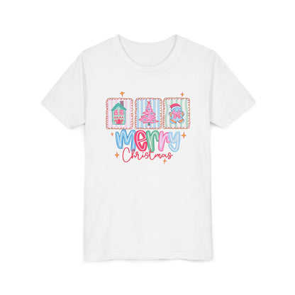 Merry Christmas Youth Tee, Holiday Shirt for Kids, Cute Christmas Apparel, Gifts for Children, Kids Short Sleeve Christmas Tee