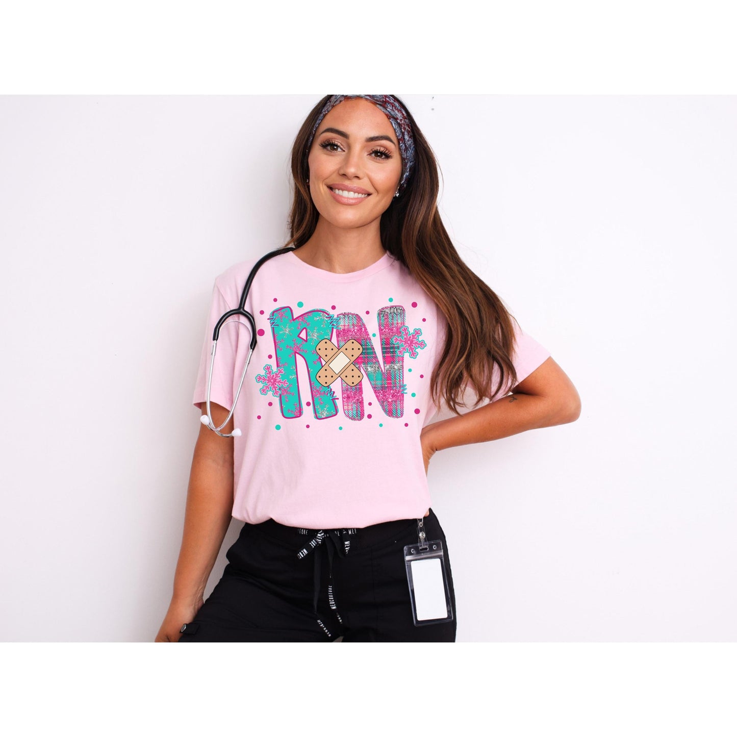 RN Bandage Letters T-Shirt, Nurse Initials, Medical Patchwork Design, Winter Pattern