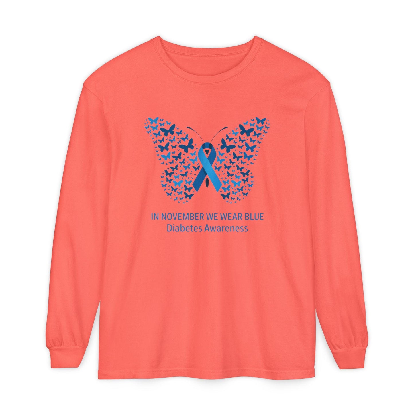 Blue Butterfly Diabetes Awareness Long Sleeve T-Shirt, Unisex Awareness Tee, Gifts for Diabetic Friends, October Diabetes Month, T1D