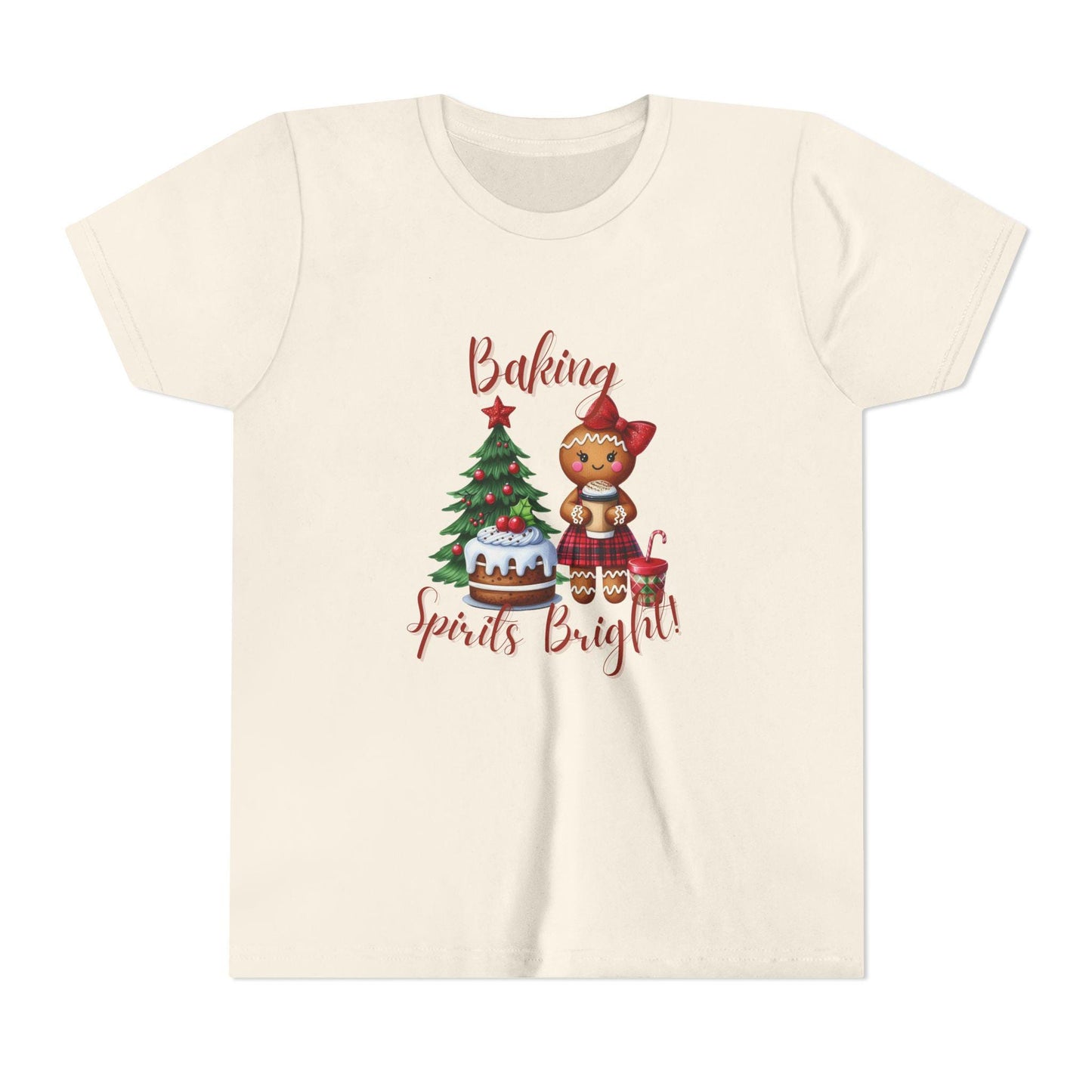 Festive Baking Tee, Christmas T-Shirt, Youth Holiday Apparel, Gifts for Kids, Cute Christmas Shirt, Baking Spirits Bright Tee