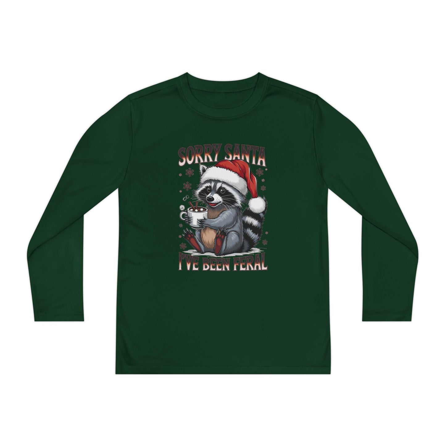 Youth Long Sleeve Holiday Tee - Cute Santa Raccoon, Christmas Gift, Festive Apparel, Youth T-Shirt, Cartoon Design
