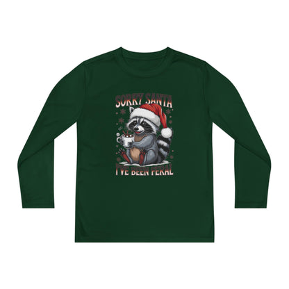 Youth Long Sleeve Holiday Tee - Cute Santa Raccoon, Christmas Gift, Festive Apparel, Youth T-Shirt, Cartoon Design