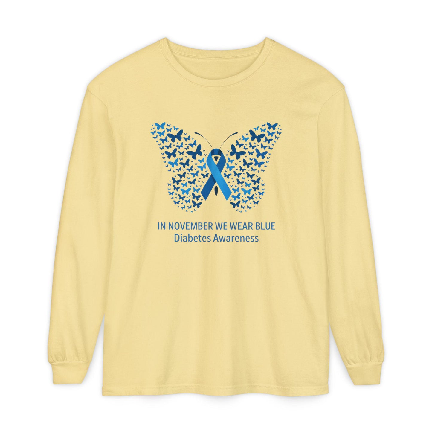 Blue Butterfly Diabetes Awareness Long Sleeve T-Shirt, Unisex Awareness Tee, Gifts for Diabetic Friends, October Diabetes Month, T1D