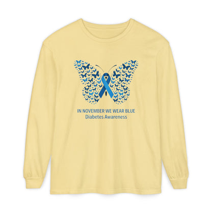 Blue Butterfly Diabetes Awareness Long Sleeve T-Shirt, Unisex Awareness Tee, Gifts for Diabetic Friends, October Diabetes Month, T1D