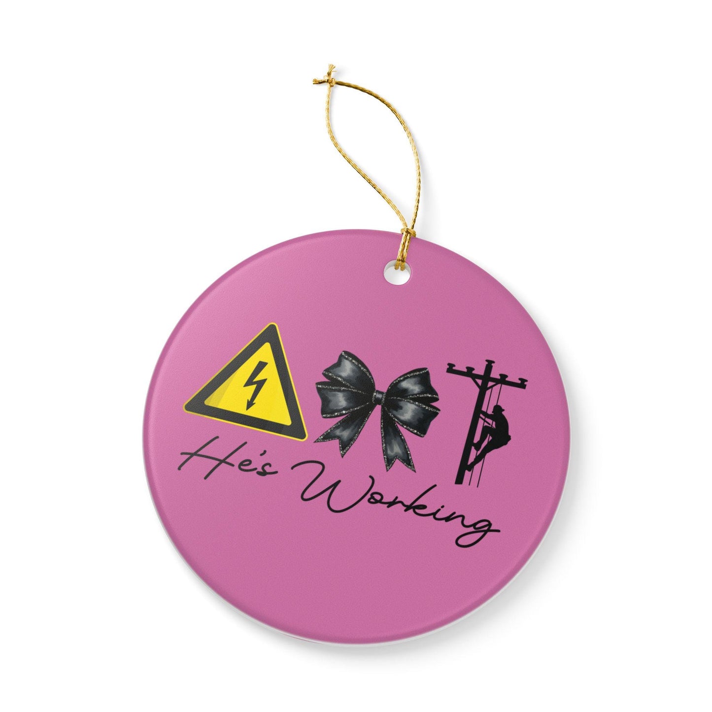 Ceramic lineman spouse ornament IBEW lineman, Unique Gift for Him, Holiday Tree Ornament, Home Decor, He's Working Design