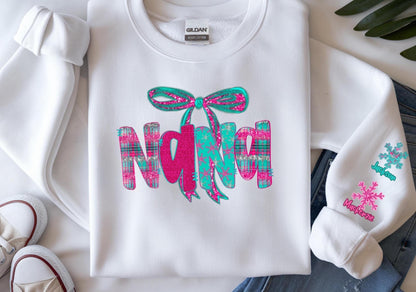 Custom Bow Sweatshirt for Nana's, Cozy Crewneck, Mother's Day Gift, Birthday Present, Casual Wear, snowflake kid names