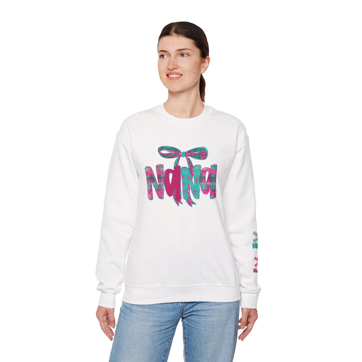 Custom Bow Sweatshirt for Nana's, Cozy Crewneck, Mother's Day Gift, Birthday Present, Casual Wear, snowflake kid names