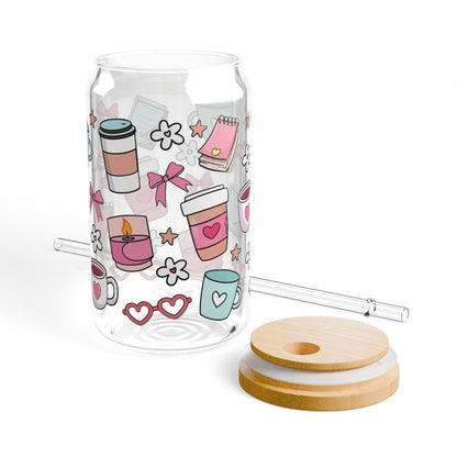 Cute Coffee and Sipper Glass, 16oz - Fun Drinkware, Stylish Straw Glass, Gift for Coffee Lovers, Cute Kitchen Decor, Valentine's Day Gifts