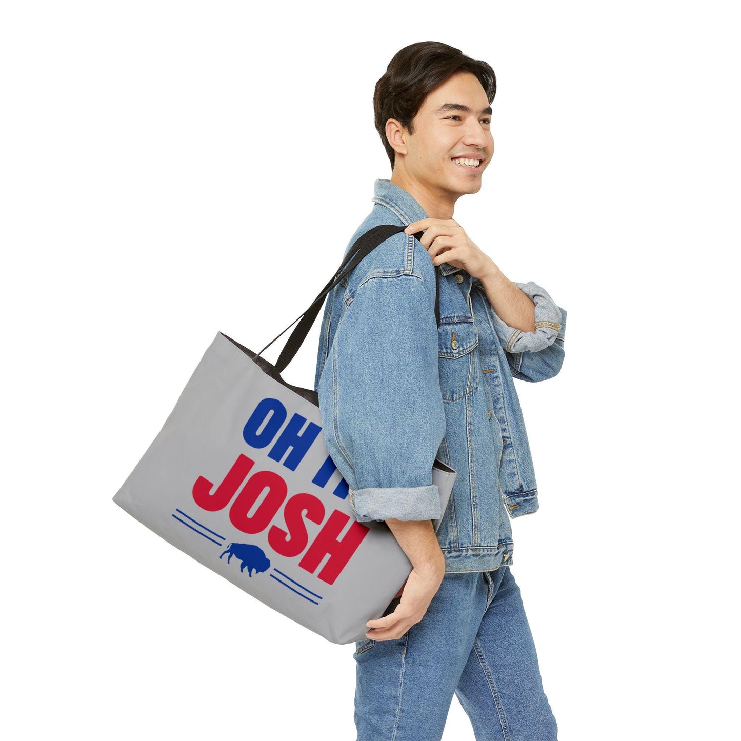 Oh My Josh Tote Bag | Buffalo Graphic, Bold Red & Blue Text