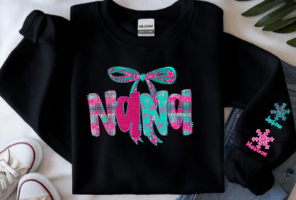 Custom Bow Sweatshirt for Nana's, Cozy Crewneck, Mother's Day Gift, Birthday Present, Casual Wear, snowflake kid names