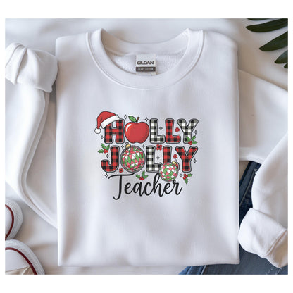Holly Jolly Teacher Sweatshirt, Christmas Gift, Holiday Apparel, Cozy Crewneck, Eco-Friendly Fashion