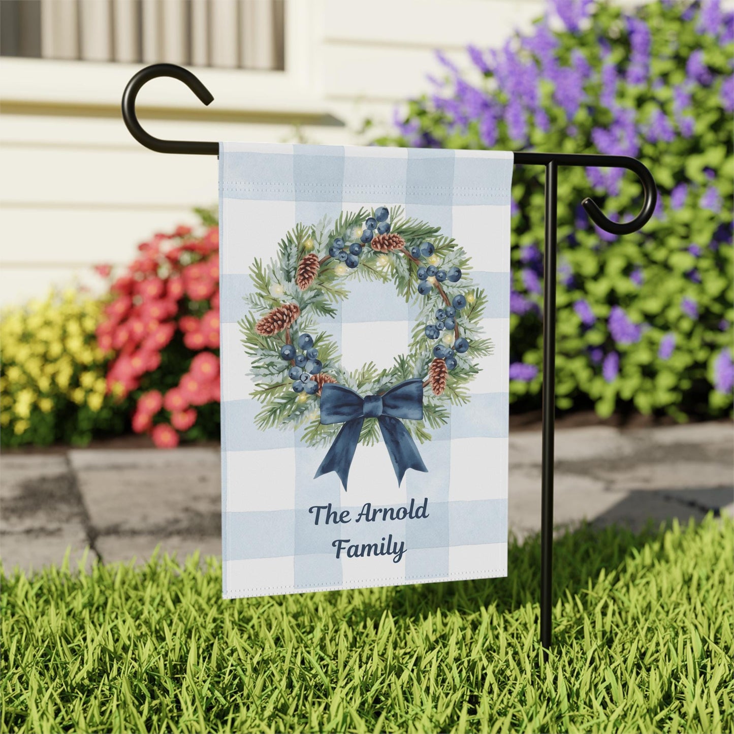 Personalized Garden Banner, Housewarming Gift, Seasonal Decor, Custom Family Sign, Wreath Design, Outdoor Decorations