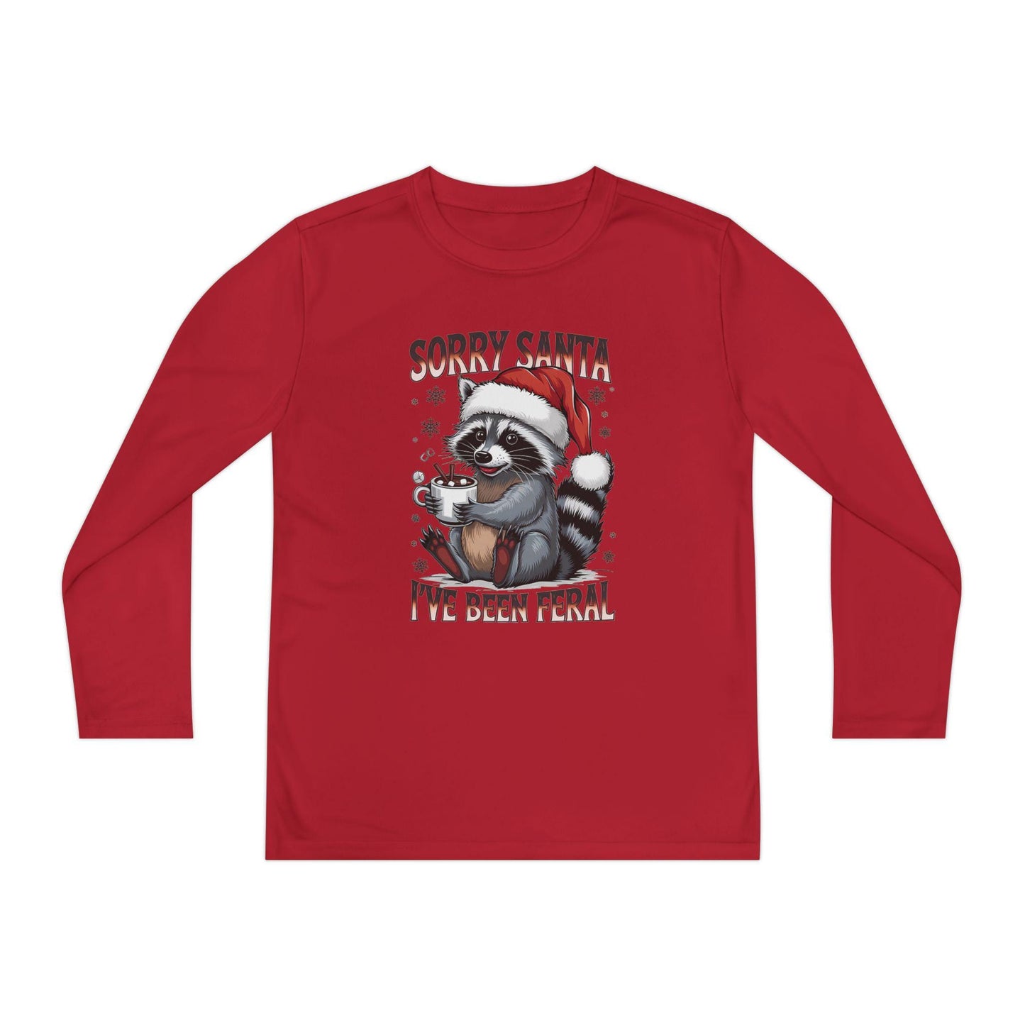Youth Long Sleeve Holiday Tee - Cute Santa Raccoon, Christmas Gift, Festive Apparel, Youth T-Shirt, Cartoon Design