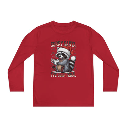 Youth Long Sleeve Holiday Tee - Cute Santa Raccoon, Christmas Gift, Festive Apparel, Youth T-Shirt, Cartoon Design