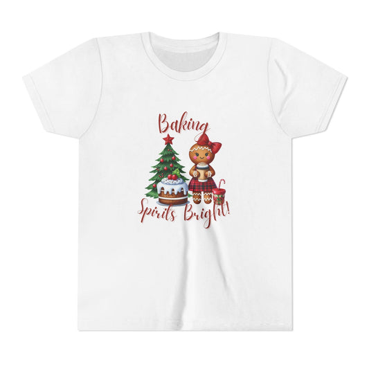 Festive Baking Tee, Christmas T-Shirt, Youth Holiday Apparel, Gifts for Kids, Cute Christmas Shirt, Baking Spirits Bright Tee