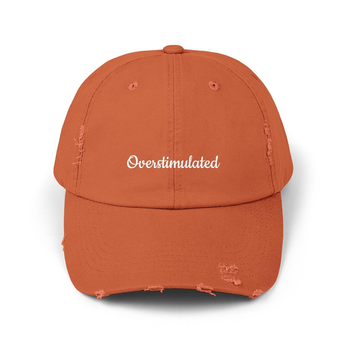 Embroidered Distressed Cap, 'Overstimulated' Quotes, Trendy Apparel, Gift for Friends, Casual Headwear, Unique Style