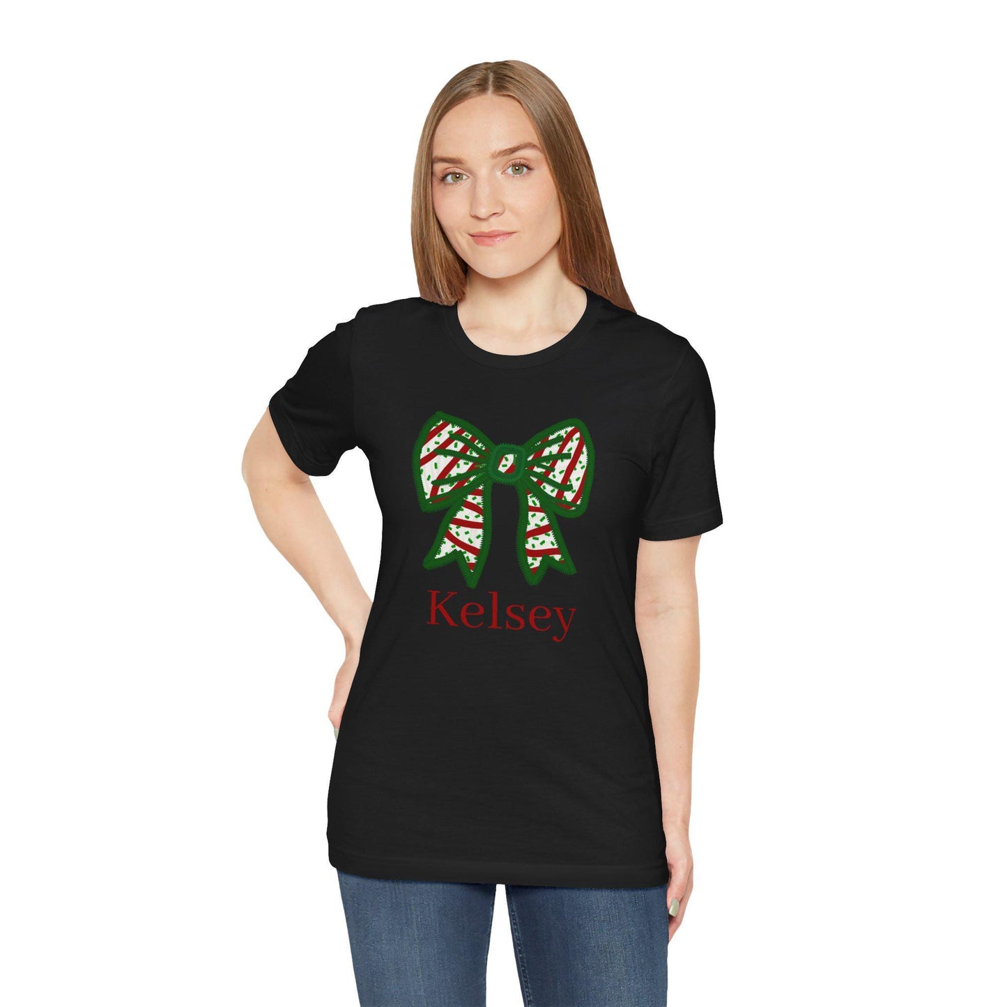 Personalized Christmas Bow Graphic Tee, Holiday Shirt, Unisex T-Shirt for Festive Gatherings, Gift Idea for Her, Custom Name Tee