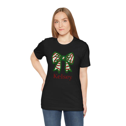Personalized Christmas Bow Graphic Tee, Holiday Shirt, Unisex T-Shirt for Festive Gatherings, Gift Idea for Her, Custom Name Tee