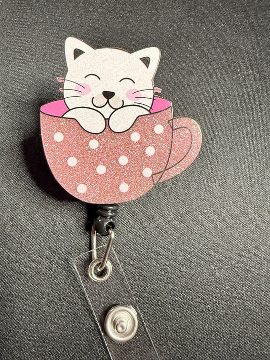 Sleeping Cat in Teacup Badge Reel – Pink Glitter ID Holder for Nurses, Teachers & Cat Lovers