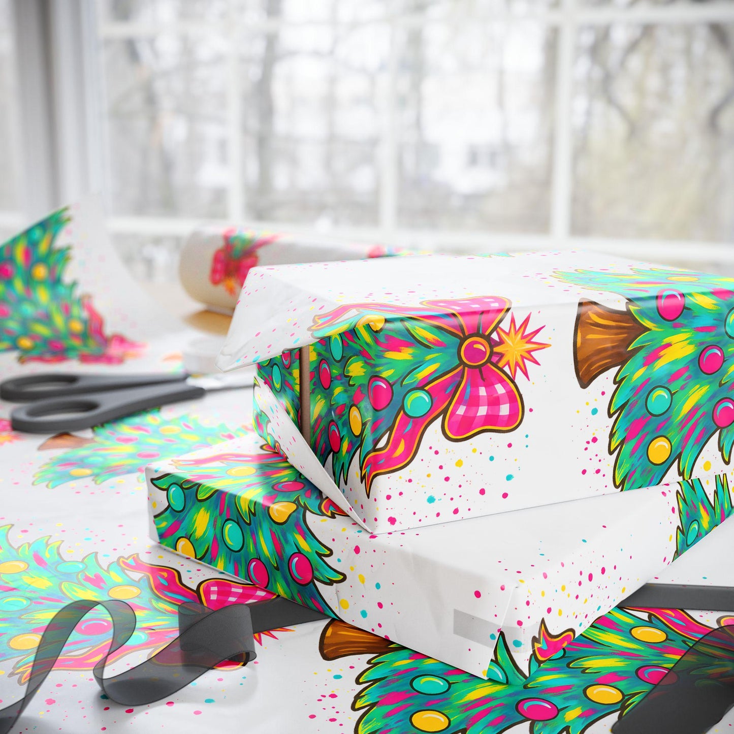 Christmas Wrapping Paper Roll - Colorful Tree and Bow Designs, Holiday Gift Wrap, Festive Paper, Unique Christmas Decor
